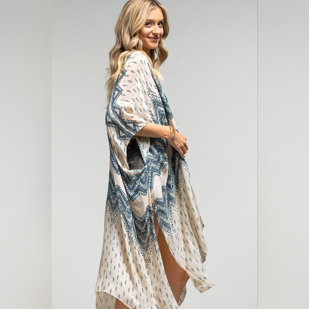 Blue Chevron Boho Kimono w/ Intricate Design Details & a Silk Like Material - Picture 2 of 6